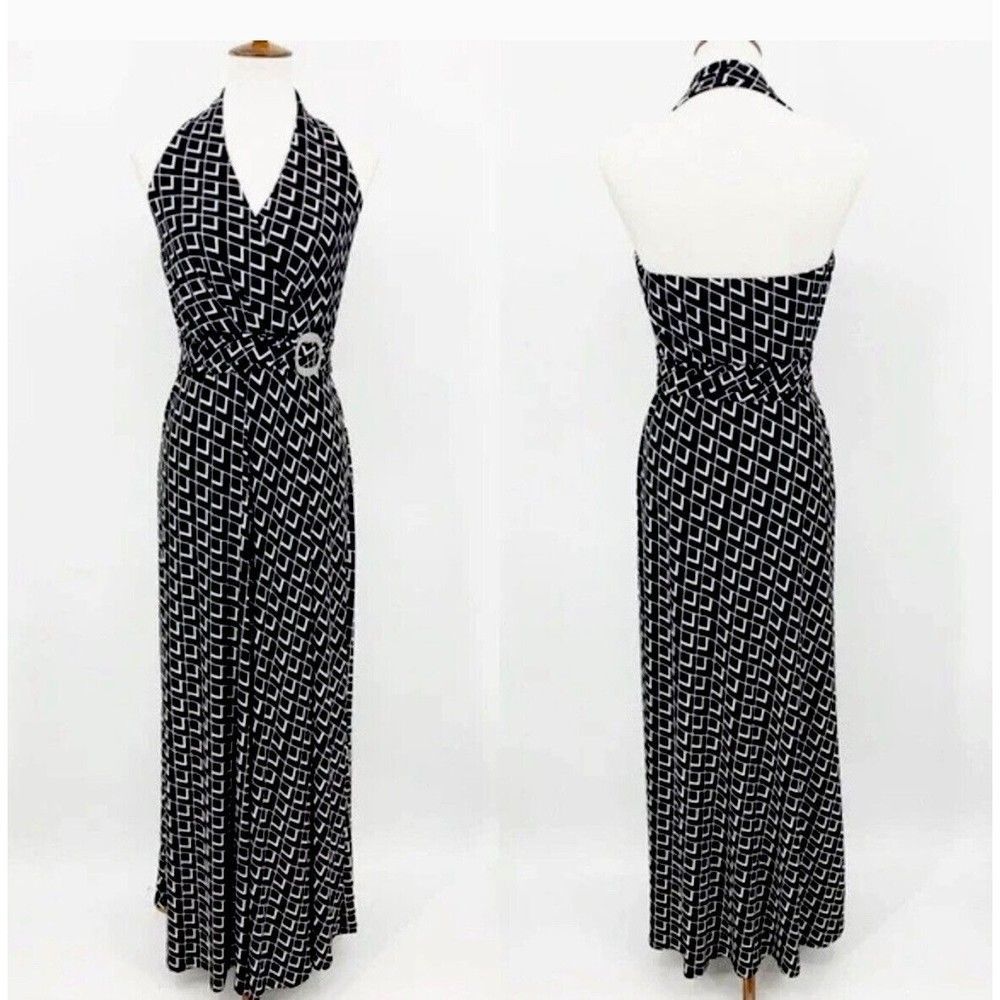 White House Black Market Maxi Dress Sz 2 Womans Black White Geo Halter Neck